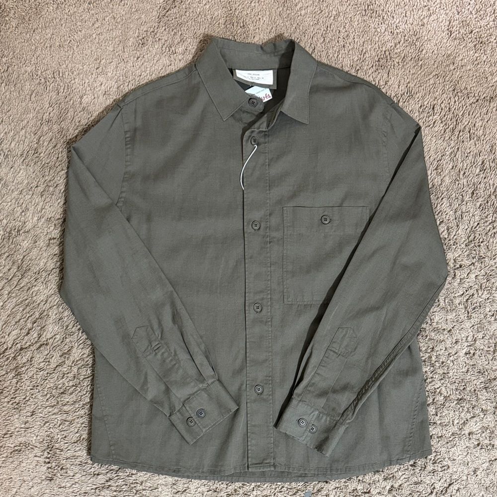 Zara Men’s Green Lyocell Blend Long Sleeve Button-Up Shirt size L Office Casual